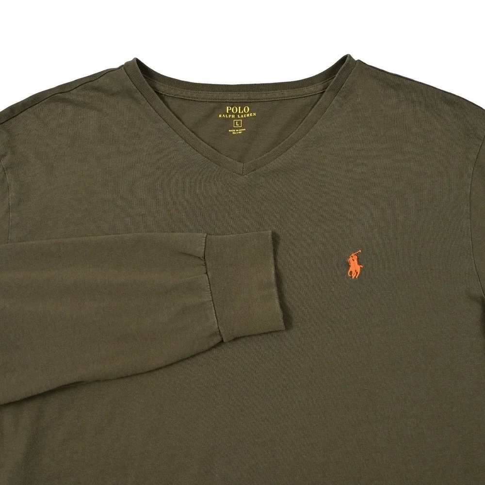 Polo Ralph Lauren T Shirt Men's Large‎ Olive Long Sleeve V Neck Pony Logo Preppy